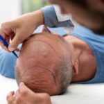 clínicas de transplante capilar - homem deitado na maca em uma clínica de transplante capilar em são paulo enquanto o especialista desenha o implante capilar em sua cabeça calva
