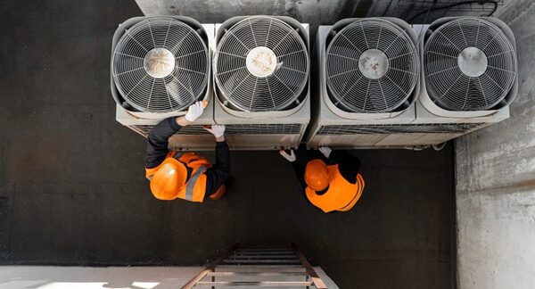 empresas de climatização - Técnicos de ar condicionado realizando a manutenção nas torres de ar condicionado